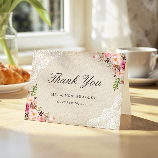 Rustic Country Pink Floral Burlap Lace Vielen Dank Dankeskarte