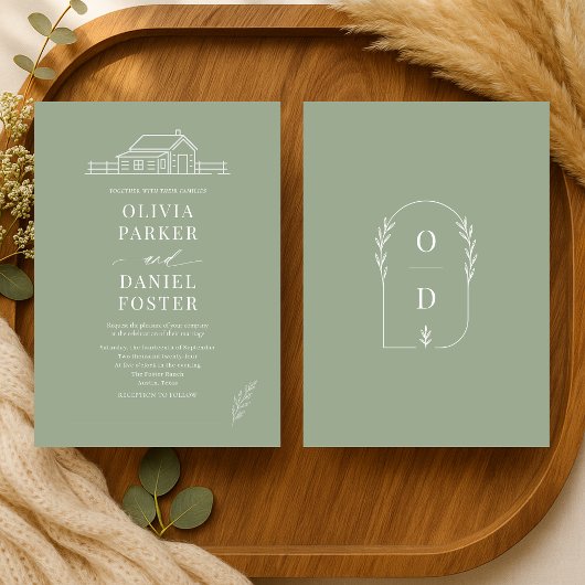 Rustic Country Ranch Line Art Sage Green Wedding Einladung