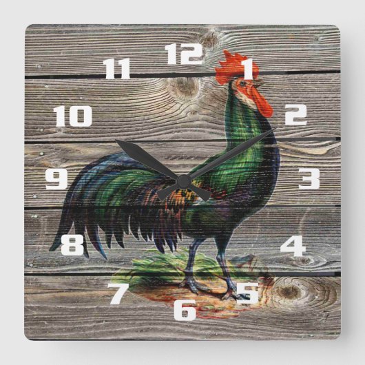 Rustic Country Rooster Küche Quadratische Wanduhr (Vorderseite)
