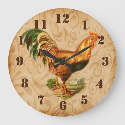 Rustic Country Rooster Ornate Kitchen Große Wanduhr (Vorderseite)