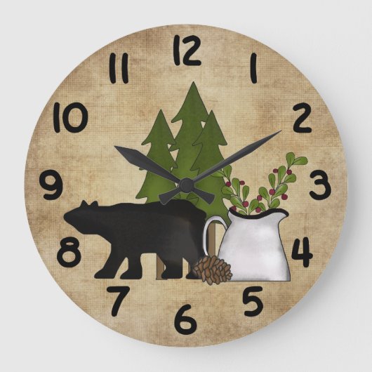 Rustic Country Silhouette Bear Charming Mountain Große Wanduhr (Vorderseite)