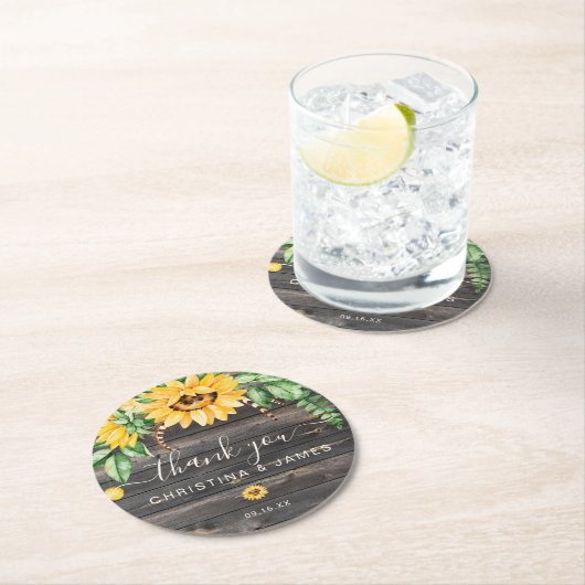Rustic Country Sunflower Danke Gastgeschenk Hochze Runder Pappuntersetzer (Vor Ort)