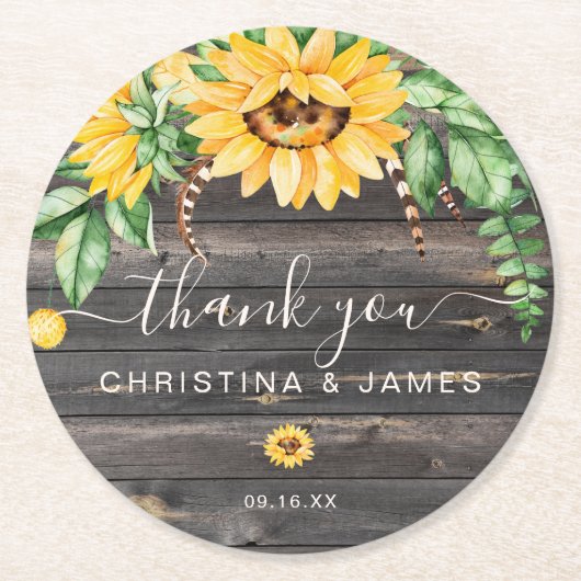 Rustic Country Sunflower Danke Gastgeschenk Hochze Runder Pappuntersetzer (Vorderseite)