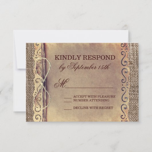 Rustic Country Vintag Paper Burlap Wedding RSVP Karte (Vorderseite)