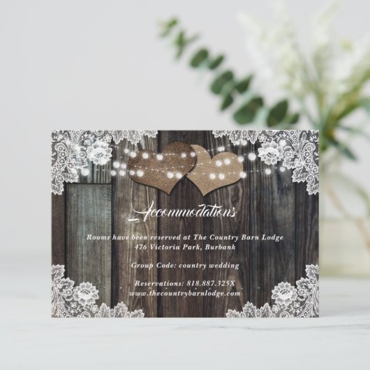 Rustic Country Wedding Hotel Übernachtungskarte Begleitkarte (Stehend Vorderseite)