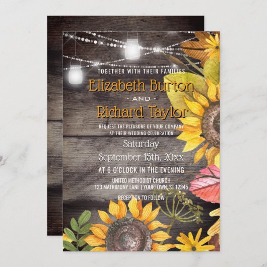 Rustic Country Wedding Mason Jar Lights Sonnenblum Einladung (Vorne/Hinten)