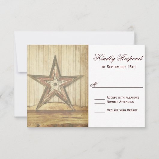Rustic Country Western Wood Star Wedding RSVP Card (Vorderseite)