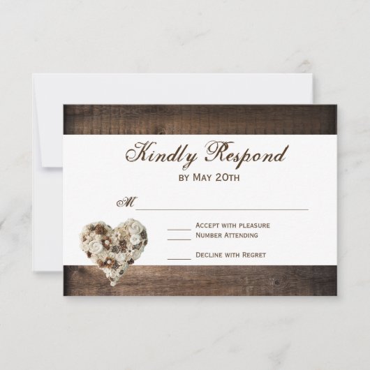 Rustic Country Wood Blume Heart Wedding RSVP Karte (Vorderseite)