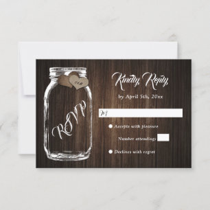 Rustic Country Wood Heart Mason Jar Wedding RSVP Karte