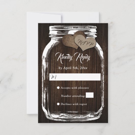 Rustic Country Wood Hearts Mason Jar Wedding RSVP Karte (Vorderseite)