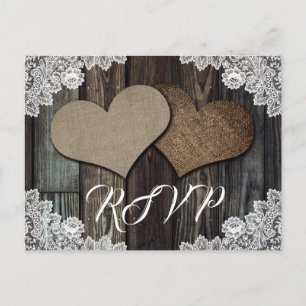 Rustic Country Wood Lace Burlap Heart Wedding RSVP Einladungspostkarte