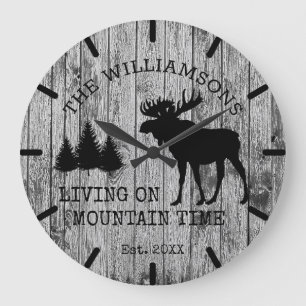 Rustic Country Wood Living on Mountain Time Moose Große Wanduhr