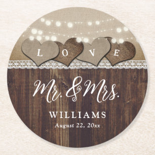 Rustic Country Wood Mr. und Mrs. Wedding Runder Pappuntersetzer