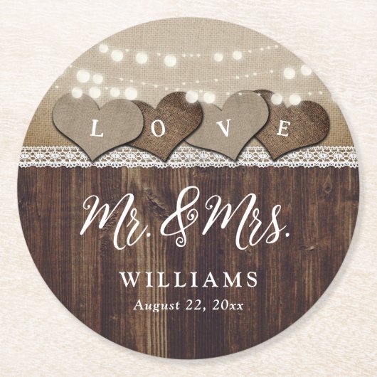 Rustic Country Wood Mr. und Mrs. Wedding Runder Pappuntersetzer (Vorderseite)