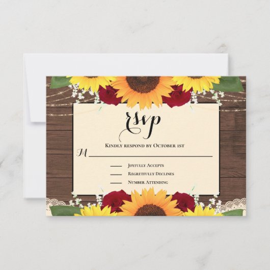 Rustic Country Wood Sunflower Rose Wedding RSVP (Vorderseite)