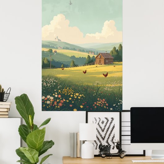Rustic Countryside Cabin with Wildflowers  Poster (Heimbüro)