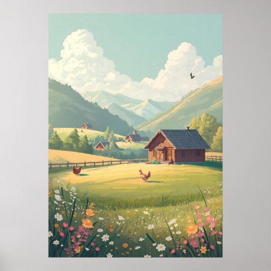 Rustic Countryside Cabin with Wildflowers Poster (Vorne)