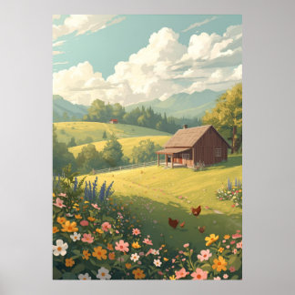Rustic Countryside Cabin with Wildflowers  Poster