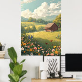 Rustic Countryside Cabin with Wildflowers Poster (Heimbüro)