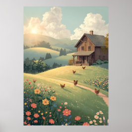 Rustic Countryside Cabin with Wildflowers  Poster