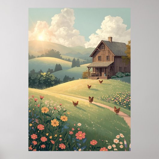 Rustic Countryside Cabin with Wildflowers Poster (Vorne)
