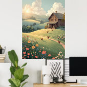 Rustic Countryside Cabin with Wildflowers Poster (Heimbüro)