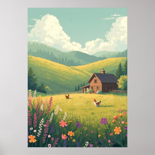 Rustic Countryside Cabin with Wildflowers Poster (Vorne)