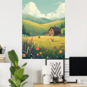 Rustic Countryside Cabin with Wildflowers Poster (Heimbüro)