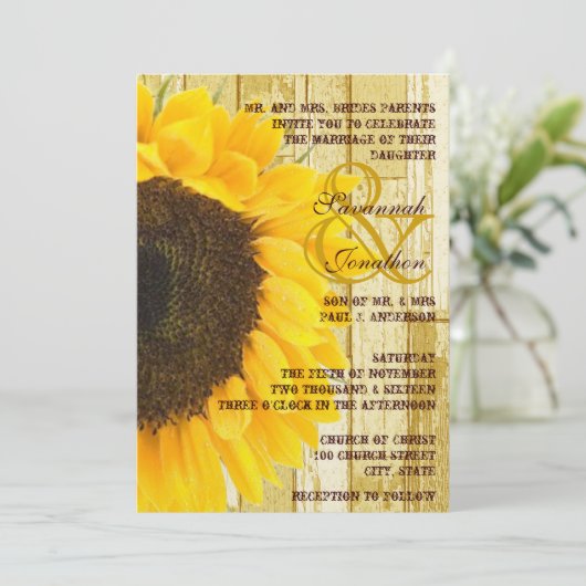 Rustic Coutry Chic Barn Wood Sunflower Wedding Einladung (Stehend Vorderseite)