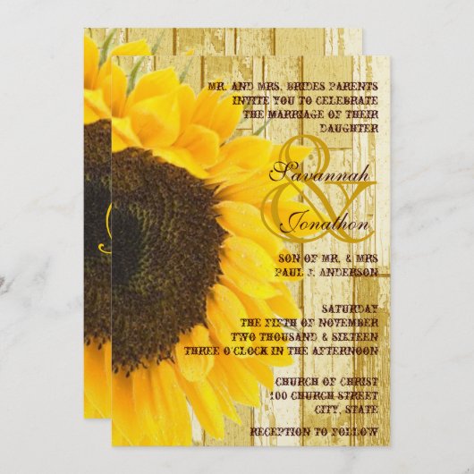 Rustic Coutry Chic Barn Wood Sunflower Wedding Einladung (Vorne/Hinten)