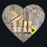 Rustic Cowboy and Cowgirl Wedding Mr. and Mrs. Herz-Aufkleber<br><div class="desc">Rustikales Land und Western,  "Mr. and Mrs." Cowboy und Cowgirl Stiefel und Hut mit Sonnenblumen Hochzeitskleber.</div>