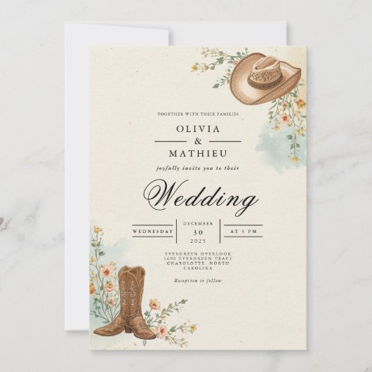 Rustic Cowboy Bloom Wedding Einladung (Vorderseite)
