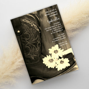 Rustic Cowboy Boots Daisies Bridal Shower Sepia Einladung