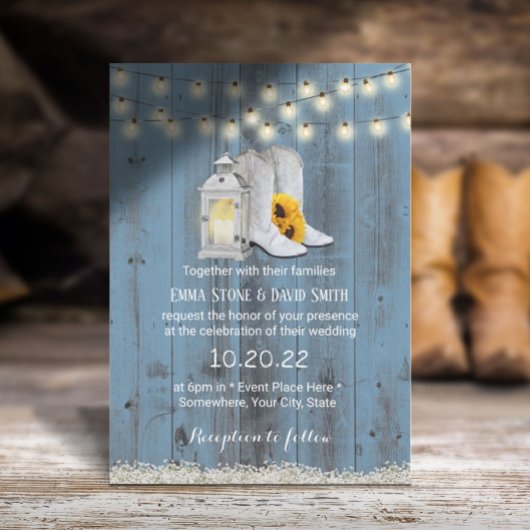 Rustic Cowboy Boots Lantern Dusty Blue Wedding Einladung
