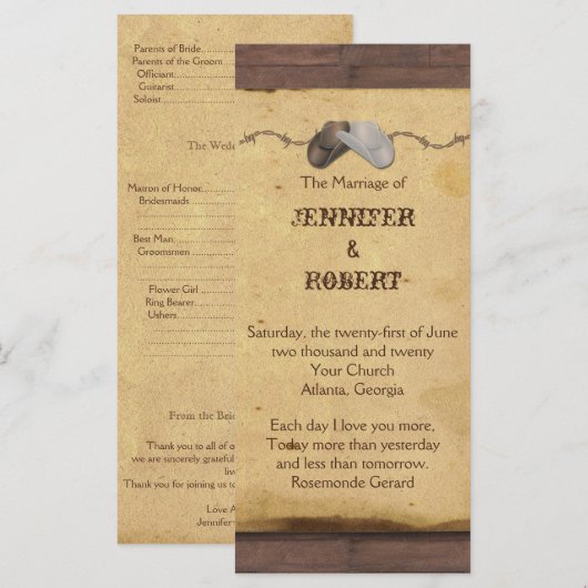 Rustic Cowboy hasst Barbed Wire Wedding Programm (Vorne/Hinten)