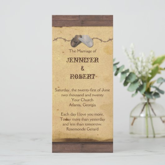 Rustic Cowboy hasst Barbed Wire Wedding Programm (Stehend Vorderseite)