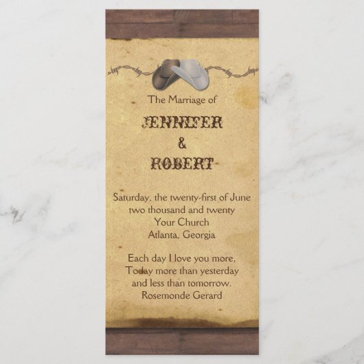Rustic Cowboy hasst Barbed Wire Wedding Programm (Vorderseite)