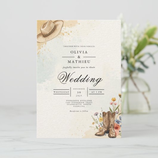 Rustic Cowboy Hat Bloom Wedding Einladung (Stehend Vorderseite)