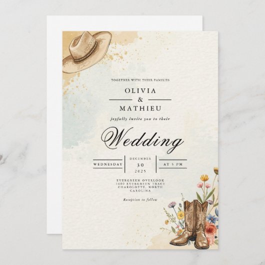 Rustic Cowboy Hat Bloom Wedding Einladung (Vorne/Hinten)