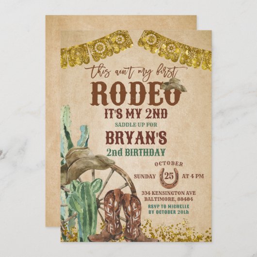 Rustic Cowboy Rodeo 2. Geburtstag Einladung (Vorne/Hinten)