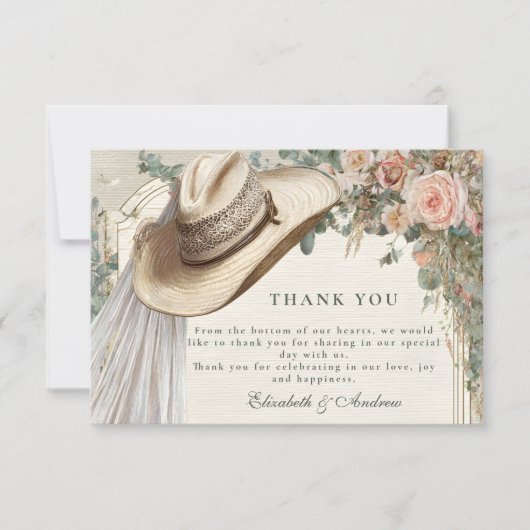 Rustic Cowgirl Hat Lace Wedding Dankeskarte (Vorderseite)