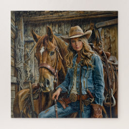 Rustic Cowgirl in Denim with Horse Western Barn Puzzle