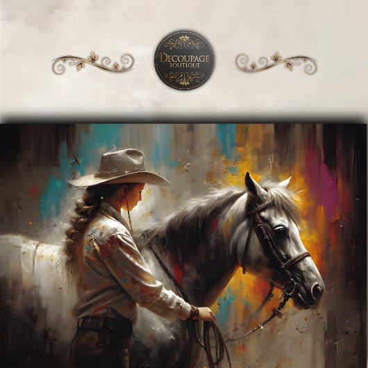 Rustic Cowgirl with White Horse Decoupage Seidenpapier