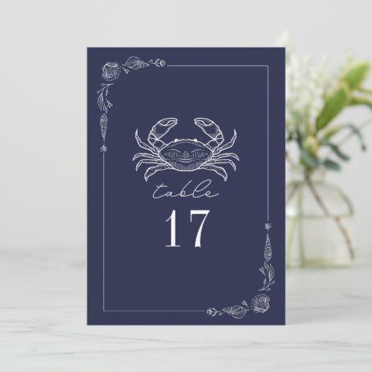 Rustic Crab Dark Blue Wedding Tischnummer (Stehend Vorderseite)