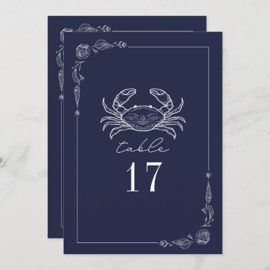 Rustic Crab Dark Blue Wedding Tischnummer (Vorne/Hinten)