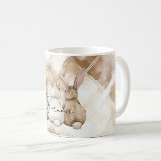 Rustic Cream Brown Stripes Three Bunny Rabbits Kaffeetasse (VorderseiteRechts)