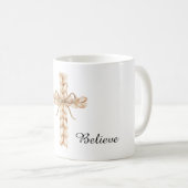 Rustic Cream Cross with Bow Believe Kaffeetasse (VorderseiteRechts)