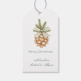 Rustic Cream Pine Cone Green Bow Christmas Geschenkanhänger