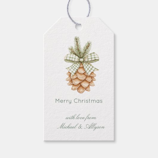 Rustic Cream Pine Cone Green Bow Christmas Geschenkanhänger (Vorderseite)