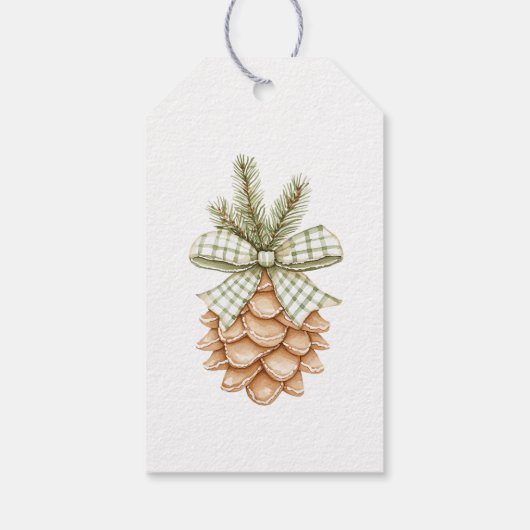 Rustic Cream Pine Cone Green Bow Christmas Geschenkanhänger (Rückseite)
